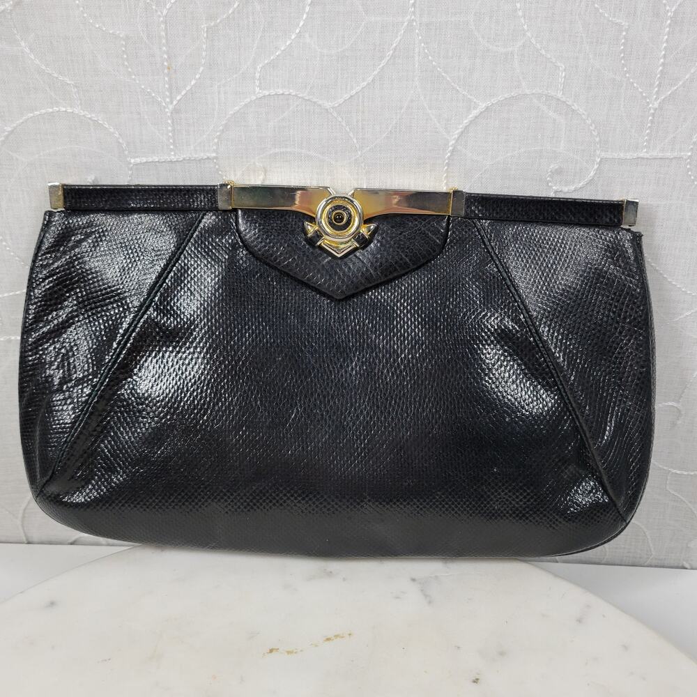 Vintage Judith Lieber Hinged Snakeskin Clutch Black Strap Art Deco Evening Bag